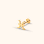 Gold-colored Pisces symbol stud with a straight post and round flat back, shown at an angle on a cream background.