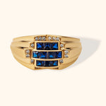 14K Yellow Gold Blue Sapphire CZ Statement Ring - Bold Elegance Band - 10