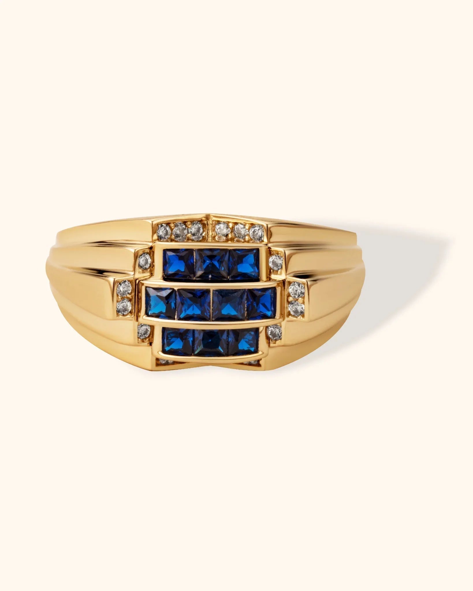14K Yellow Gold Blue Sapphire CZ Statement Ring - Bold Elegance Band - 10