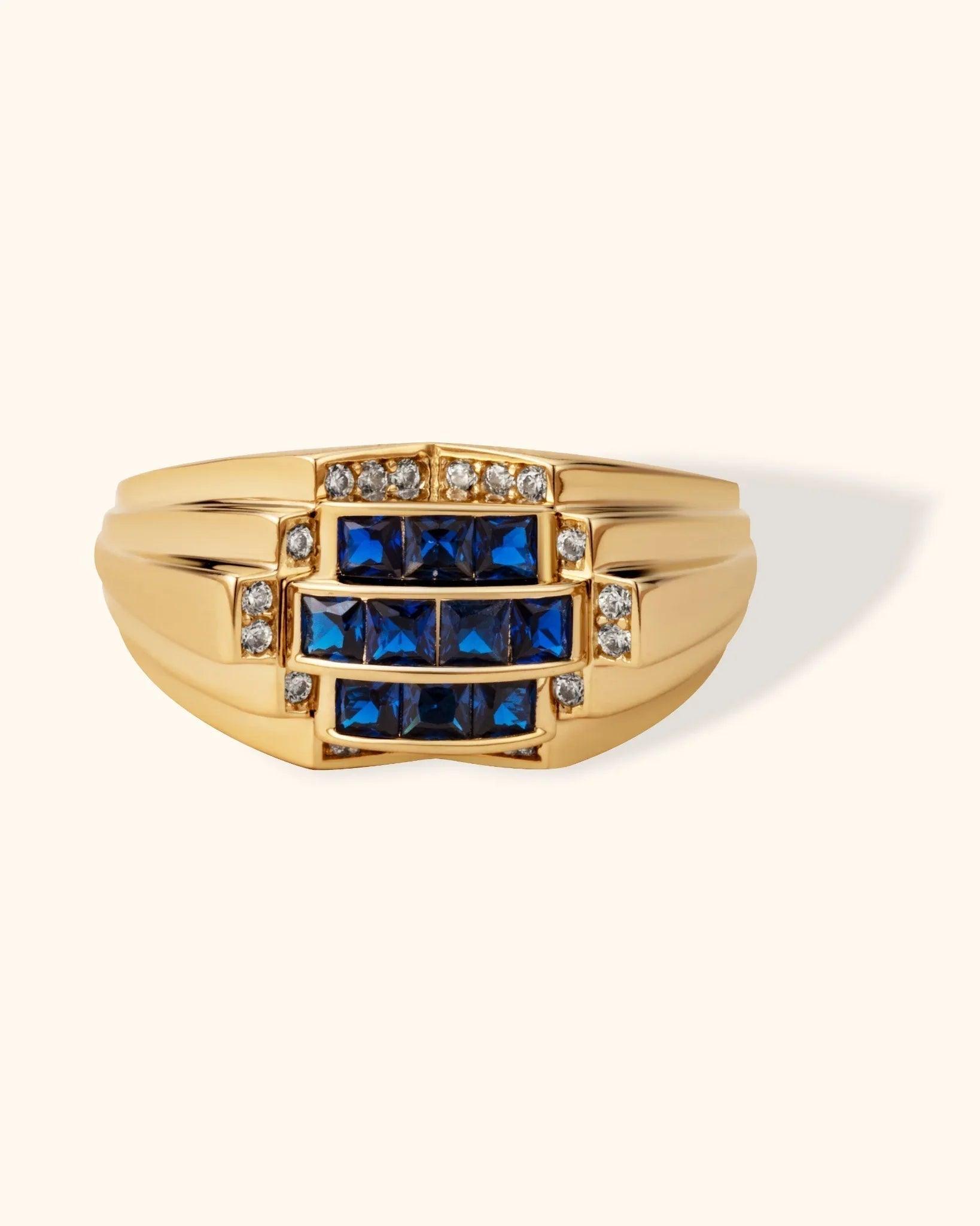 14K Yellow Gold Blue Sapphire CZ Statement Ring - Bold Elegance Band - 10