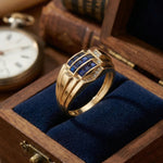 14K Yellow Gold Blue Sapphire CZ Statement Ring - Bold Elegance Band - 2