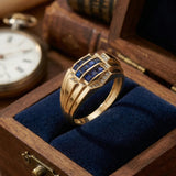 14K Yellow Gold Blue Sapphire CZ Statement Ring - Bold Elegance Band - 2