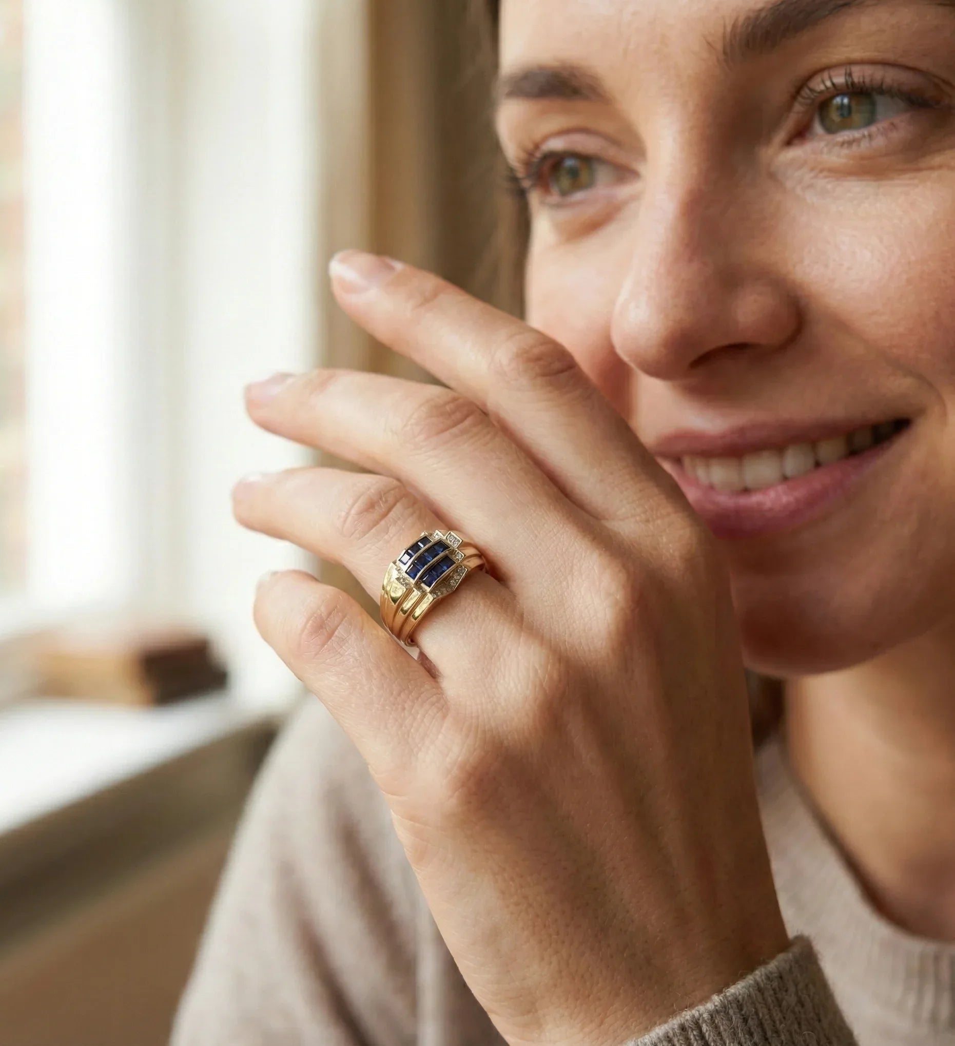 14K Yellow Gold Blue Sapphire CZ Statement Ring - Bold Elegance Band - 3