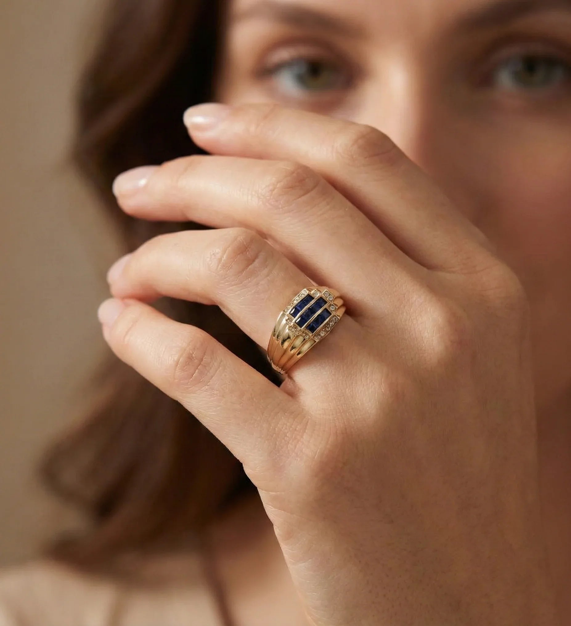 14K Yellow Gold Blue Sapphire CZ Statement Ring - Bold Elegance Band - 4