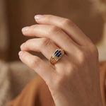 14K Yellow Gold Blue Sapphire CZ Statement Ring - Bold Elegance Band - 5
