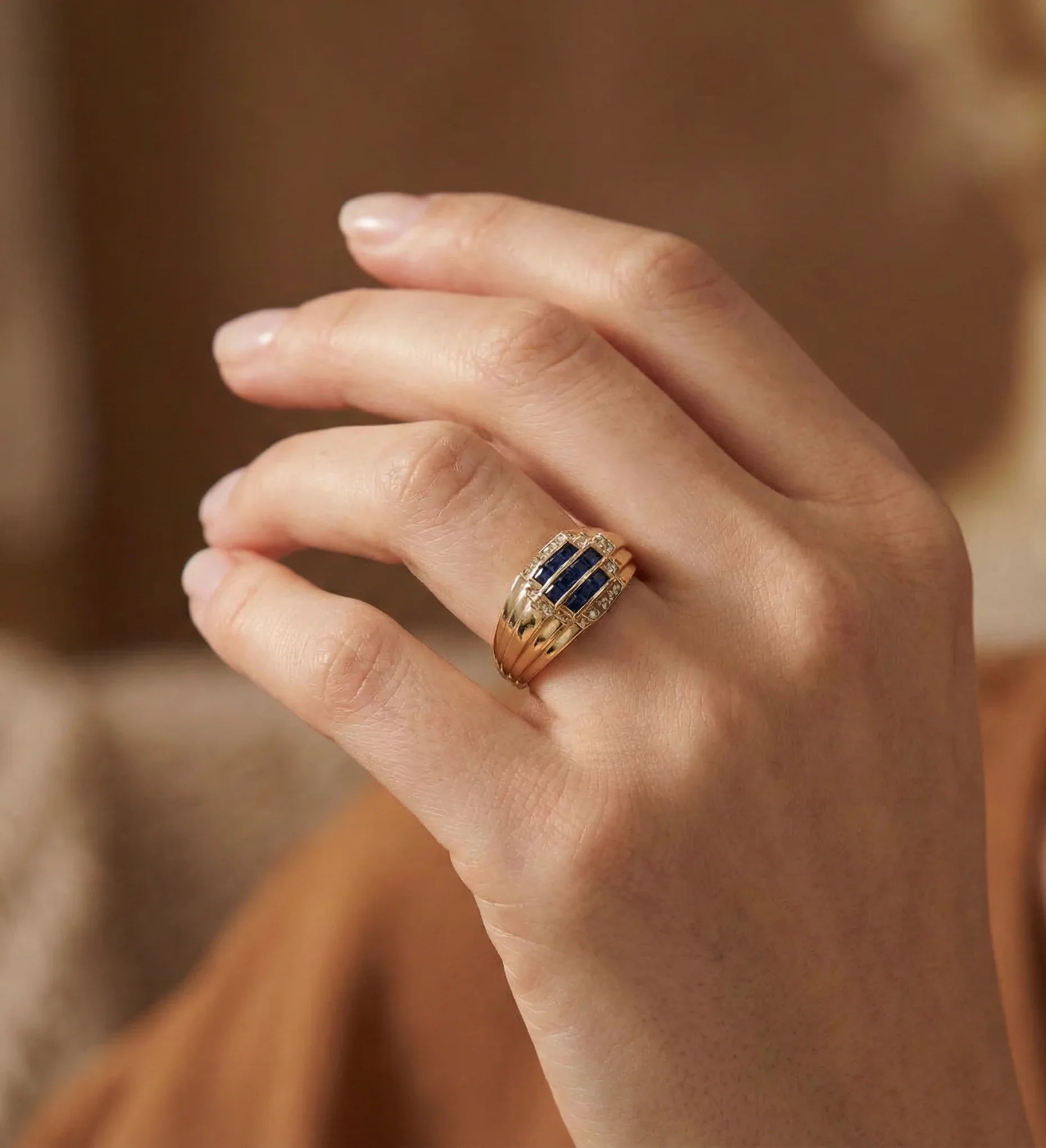 14K Yellow Gold Blue Sapphire CZ Statement Ring - Bold Elegance Band - 5
