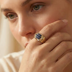 14K Yellow Gold Blue Sapphire CZ Statement Ring - Bold Elegance Band - 6