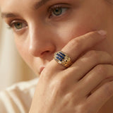 14K Yellow Gold Blue Sapphire CZ Statement Ring - Bold Elegance Band - 6