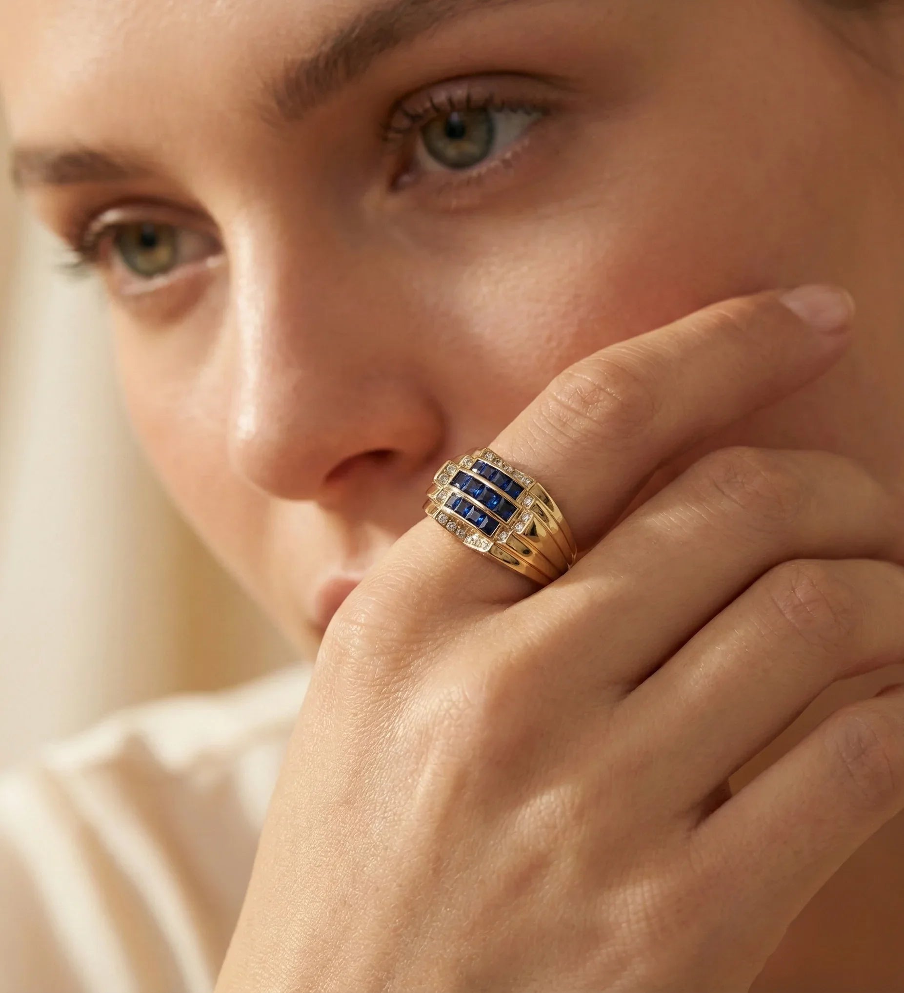 14K Yellow Gold Blue Sapphire CZ Statement Ring - Bold Elegance Band - 6
