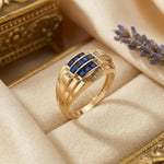 14K Yellow Gold Blue Sapphire CZ Statement Ring - Bold Elegance Band - 7
