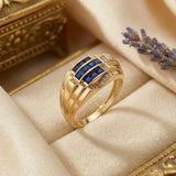 14K Yellow Gold Blue Sapphire CZ Statement Ring - Bold Elegance Band - 7
