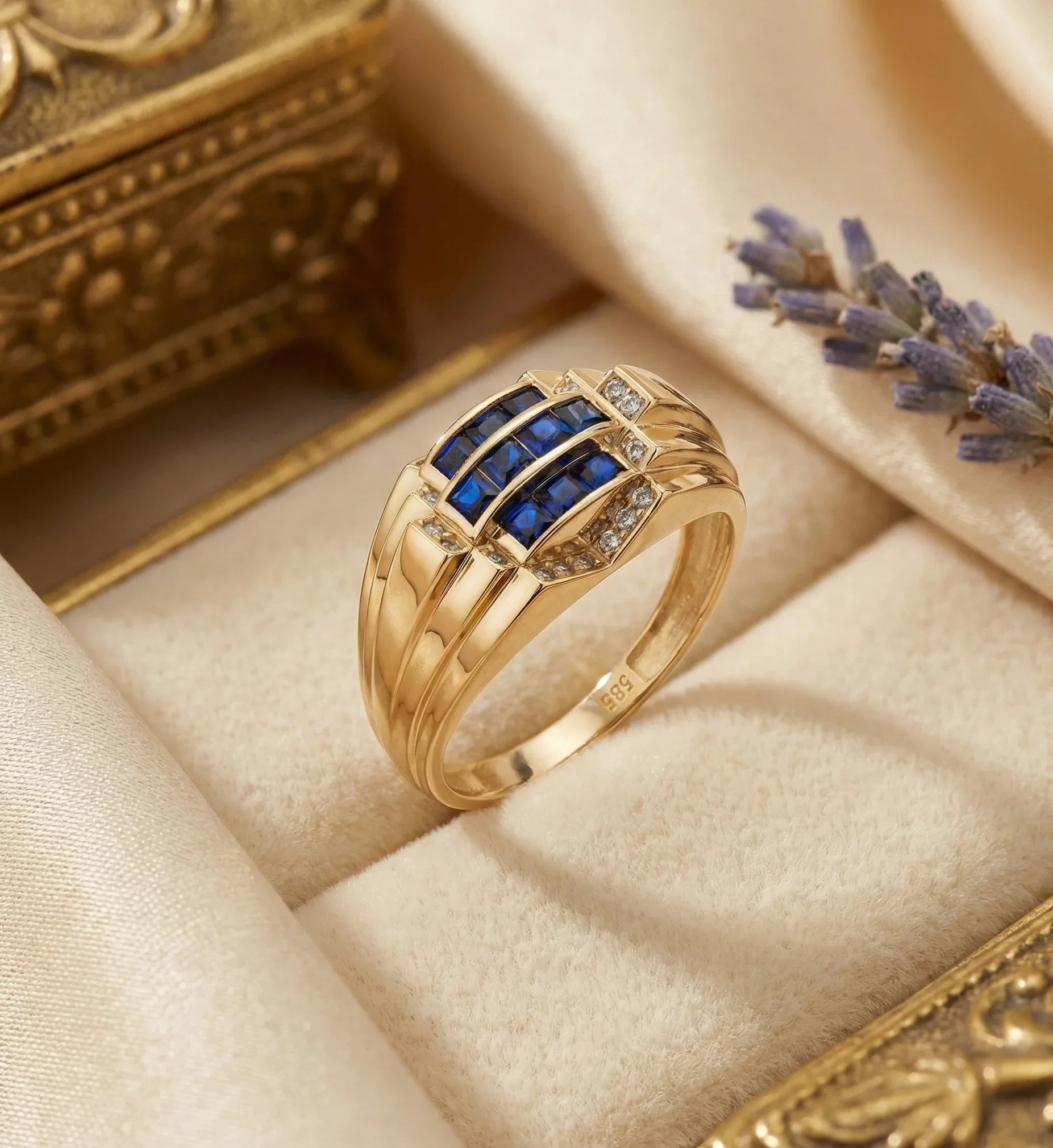 14K Yellow Gold Blue Sapphire CZ Statement Ring - Bold Elegance Band - 7
