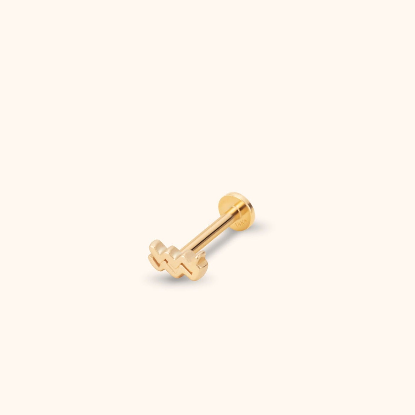 Close-up of a 14K solid gold Aquarius zodiac symbol tragus earring on a white background, Minimalist gold ear stud featuring the Aquarius water-bearer zodiac design for a tragus piercing.
