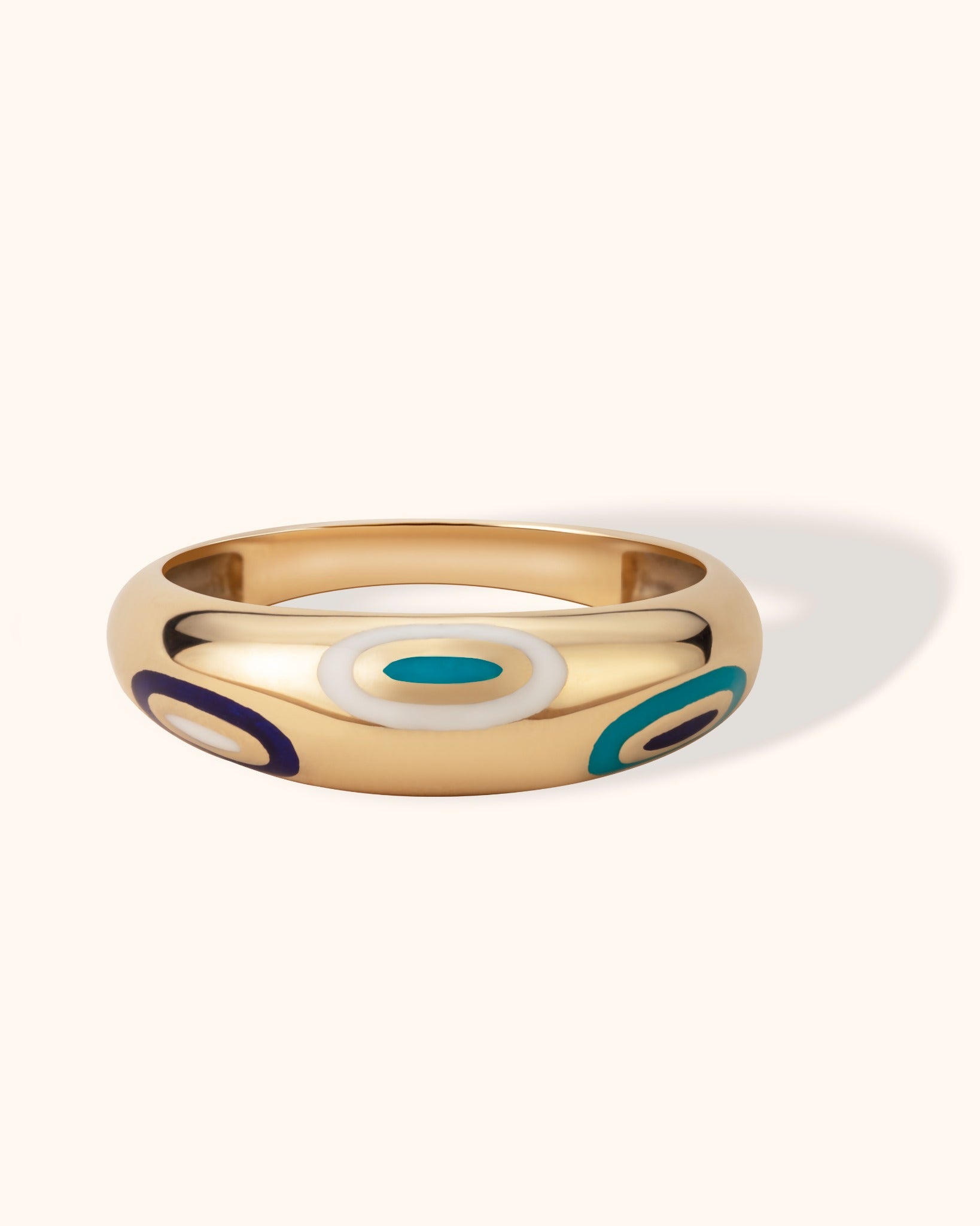 14K gold dome ring with multicolor enamel evil eye patterns