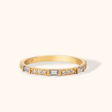 14K solid gold ring featuring alternating baguette and round diamonds in a sleek gold band, elegant stacking ring for everyday or formal wear