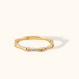14K yellow gold bamboo-textured band with micro-set zircon accent stones