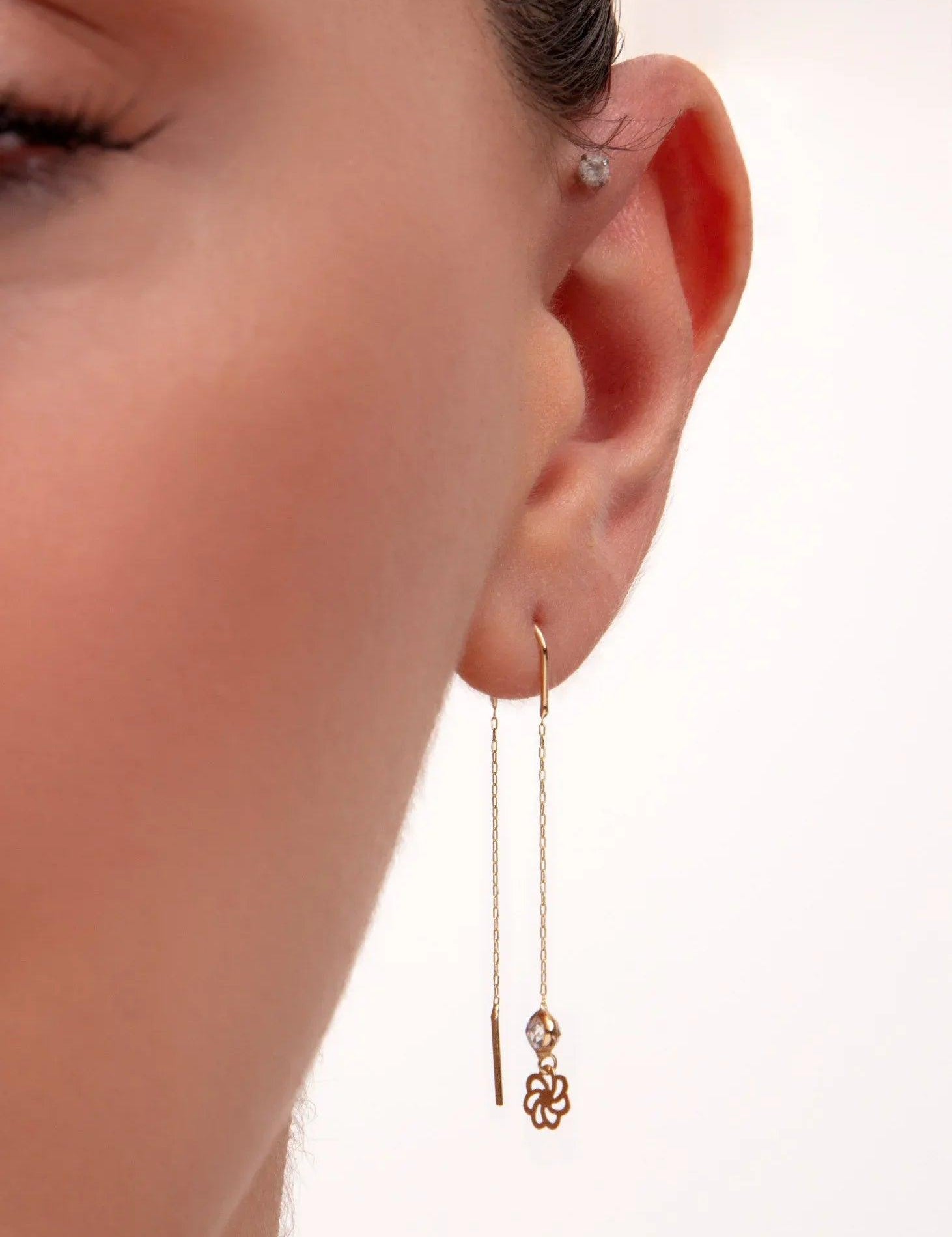 14K Gold Flower Threader Earrings with Crystal Bead – Dainty Bloom Jewelry - 4
