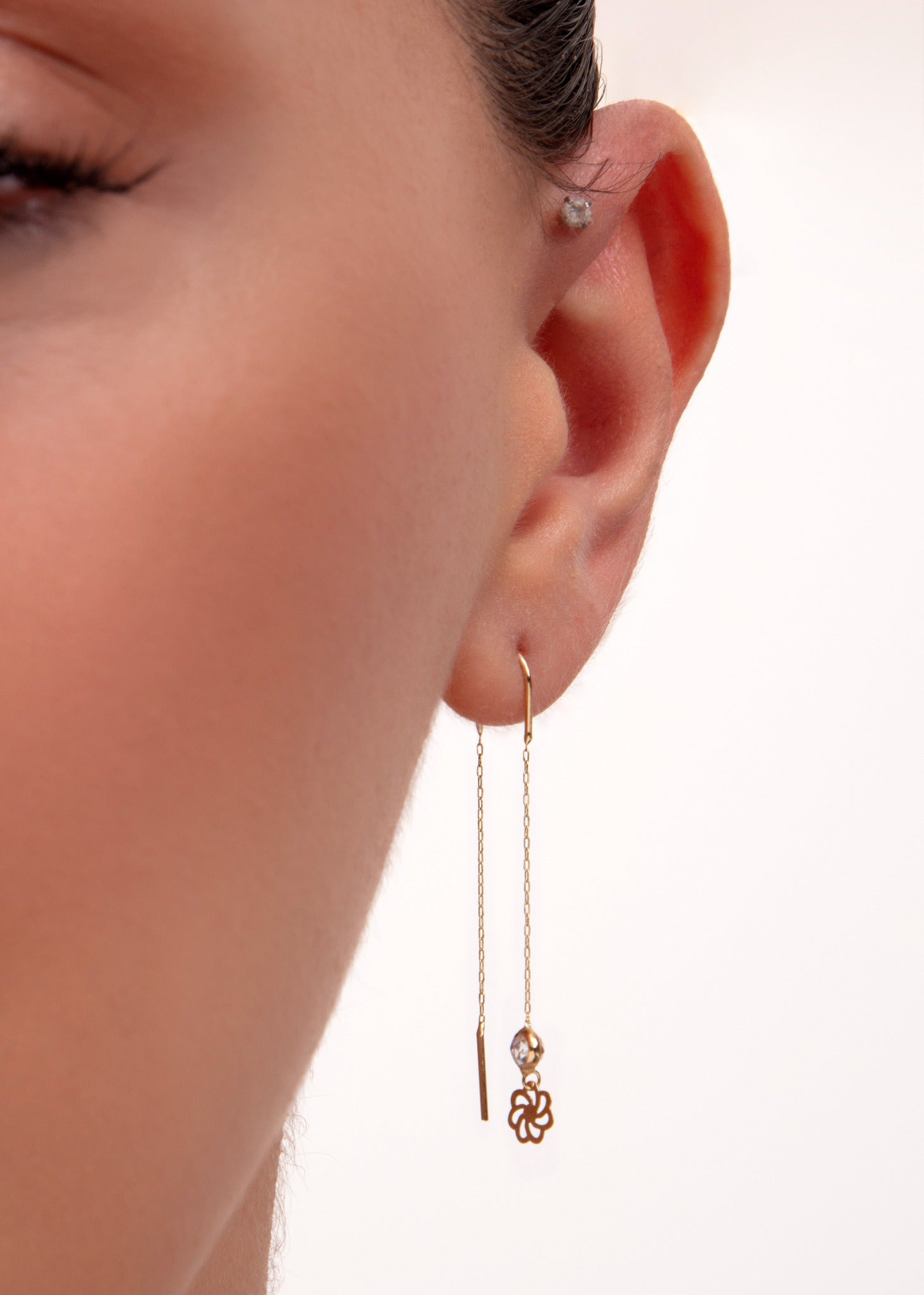 delicate gold flower threader earring with crystal


