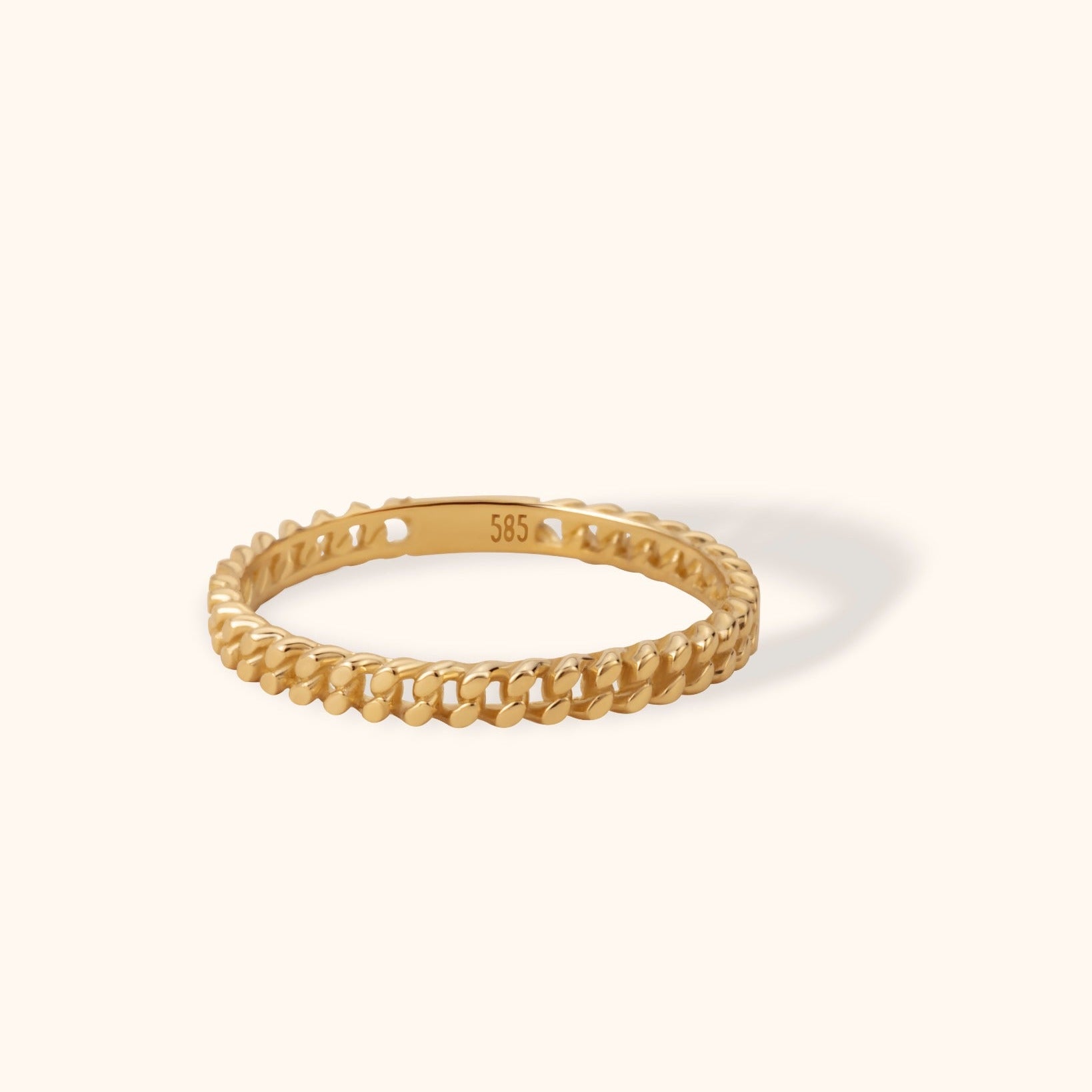 14K gold Cuban link chain ring with polished finish, minimalist chain-style gold band for stacking or solo wear
