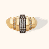 Bold 14K gold dome ring with triple diamond rows and black enamel centerpiece
