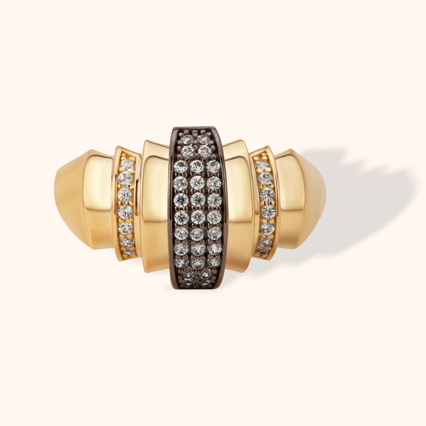 Bold 14K gold dome ring with triple diamond rows and black enamel centerpiece