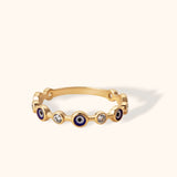 14K gold band with alternating evil eye enamel charms and round-cut diamonds