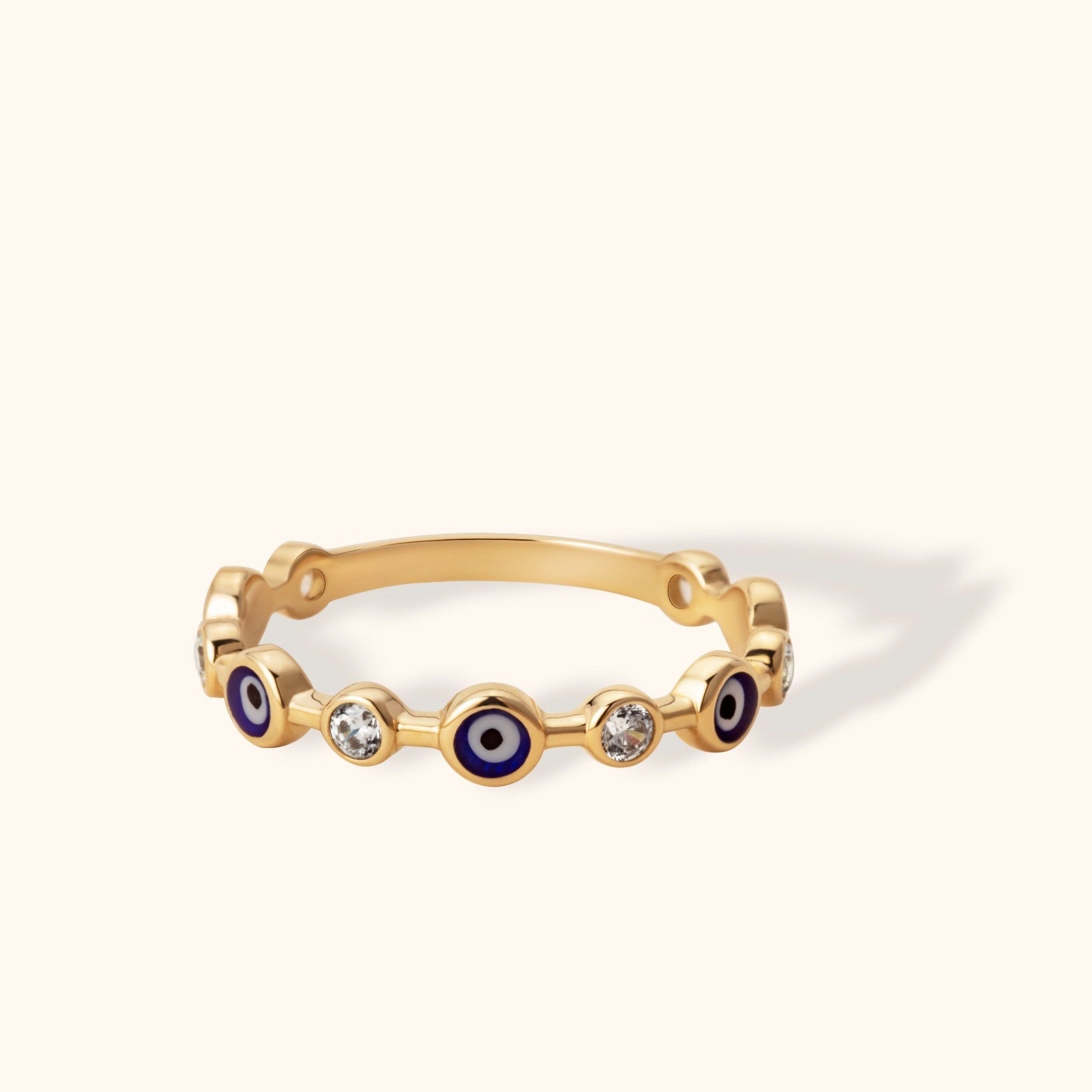 14K gold band with alternating evil eye enamel charms and round-cut diamonds