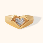 14K gold geometric heart ring with pavé-set diamonds in center, bold signet style