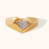 14K gold geometric heart ring with pavé-set diamonds in center, bold signet style