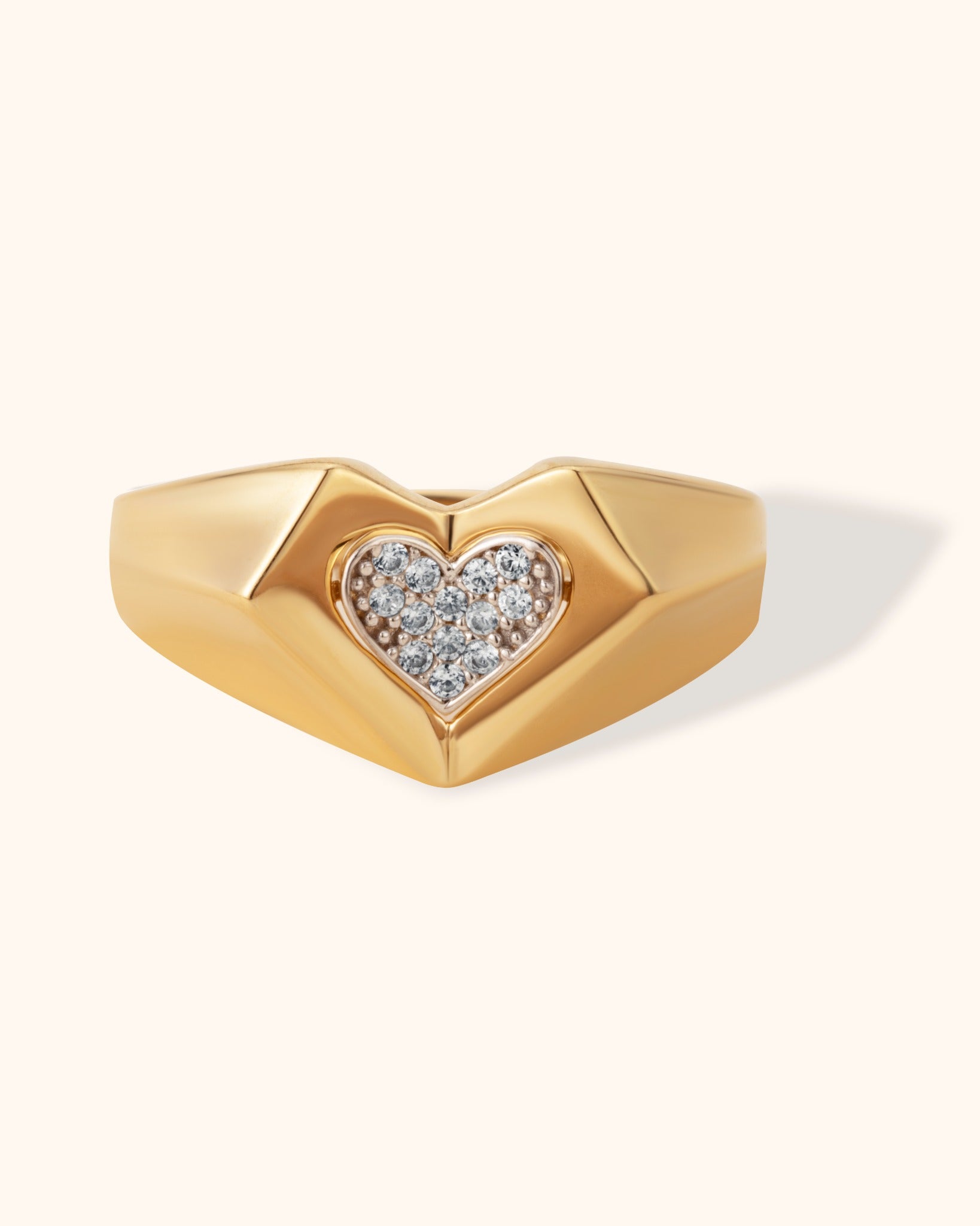 14K gold geometric heart ring with pavé-set diamonds in center, bold signet style