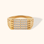 4K gold men's signet ring with layered pavé diamond stripes