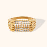 4K gold men's signet ring with layered pavé diamond stripes