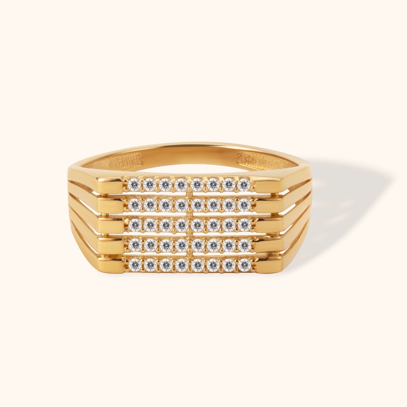 4K gold men's signet ring with layered pavé diamond stripes