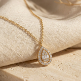14K Gold Teardrop Diamond Pendant Necklace – Halo Baguette Drop Necklace