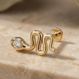 14K Solid Gold Snake Tragus Earring – Serpent Cartilage Stud with Sparkling Stone