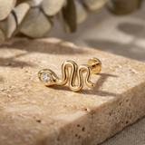 14K Solid Gold Snake Tragus Earring – Serpent Cartilage Stud with Sparkling Stone
