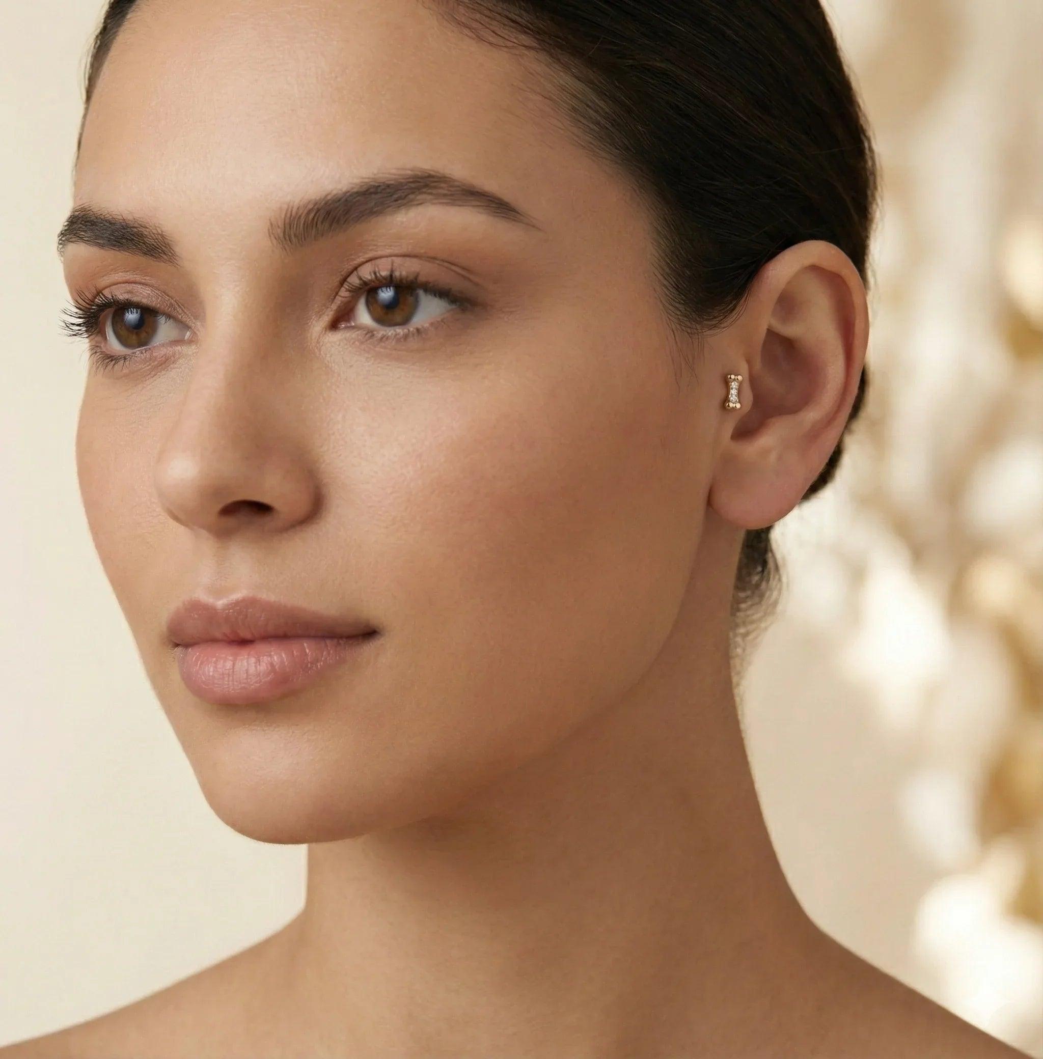 14K Solid Gold Dog Bone Tragus Earring – Pet Lover Cartilage Stud - 3