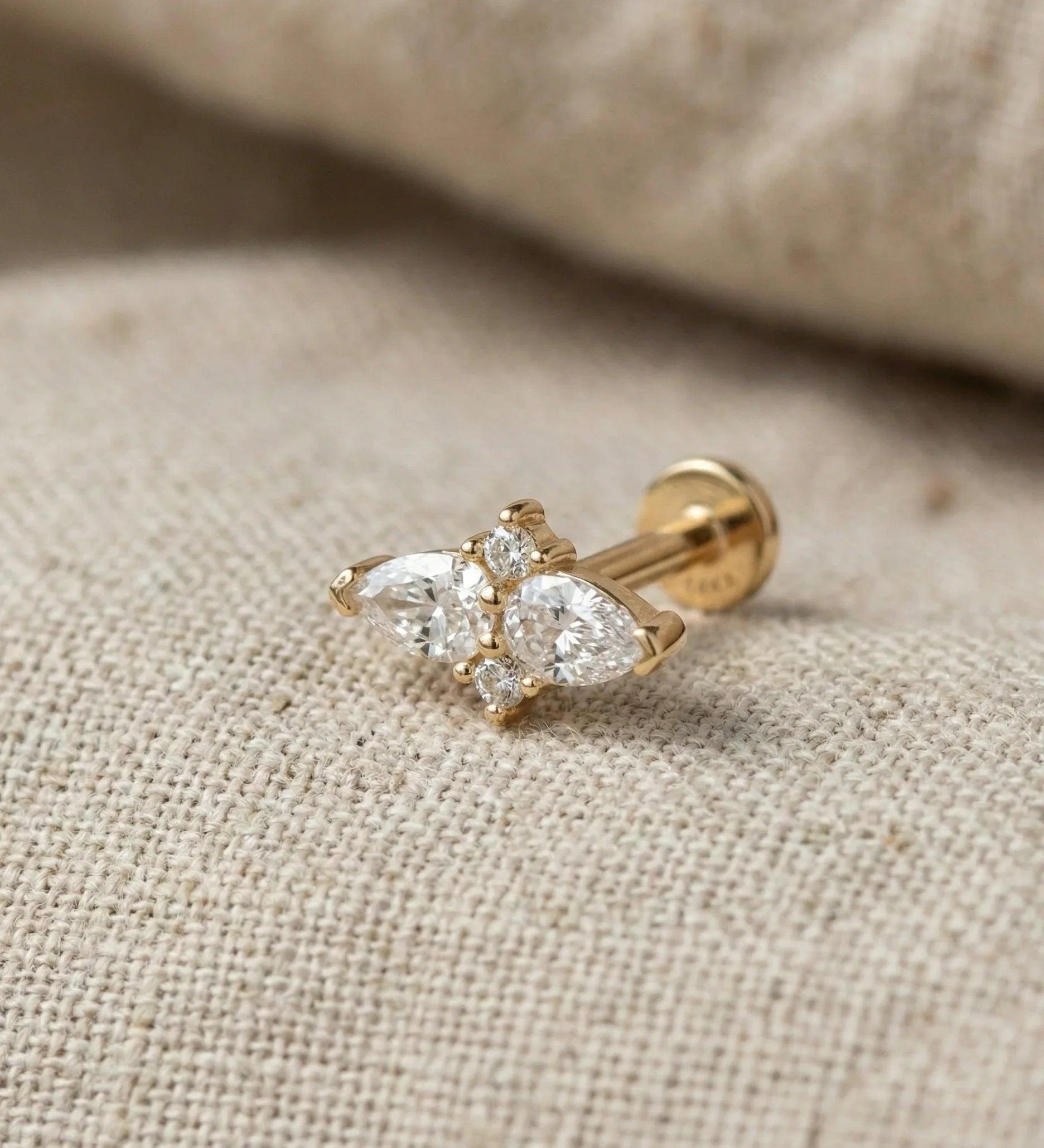 14K Gold Double Teardrop Tragus Stud – Dainty Symmetrical Cartilage Earring - 5