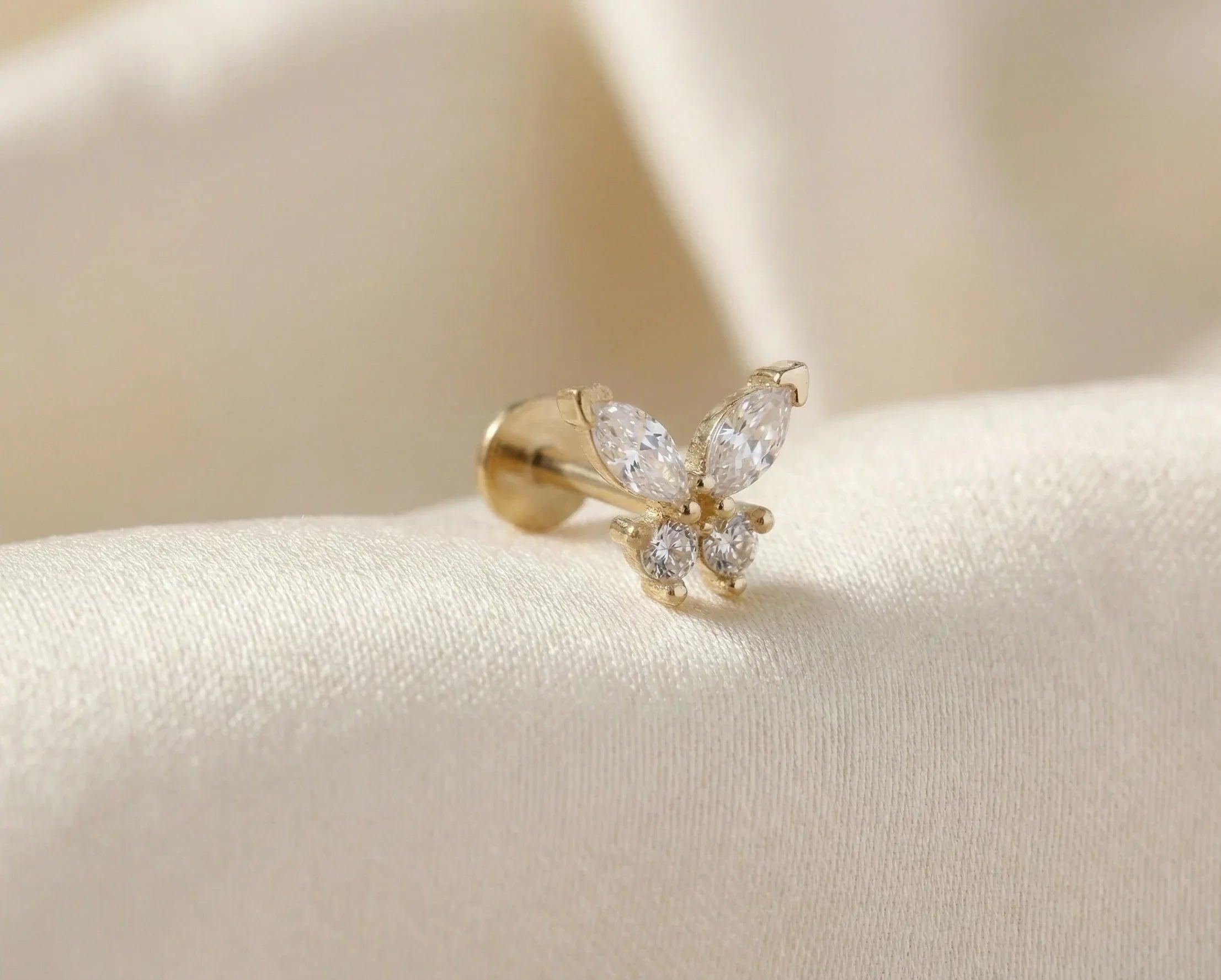 14K Gold Butterfly Tragus Stud Earring – Cartilage Piercing Jewelry - 7