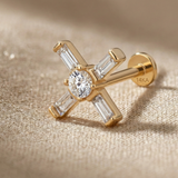 14K Solid Gold Baguette & Round CZ Tragus Earring – Flat Back Threadless Labret