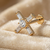 14K Solid Gold Baguette & Round CZ Tragus Earring – Flat Back Threadless Labret