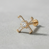 14K Solid Gold Baguette & Round CZ Tragus Earring – Flat Back Threadless Labret