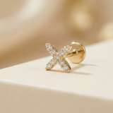 14K Gold Pavé X Cartilage Stud – Flat Back Labret