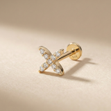 14K Gold Pavé X Cartilage Stud – Flat Back Labret
