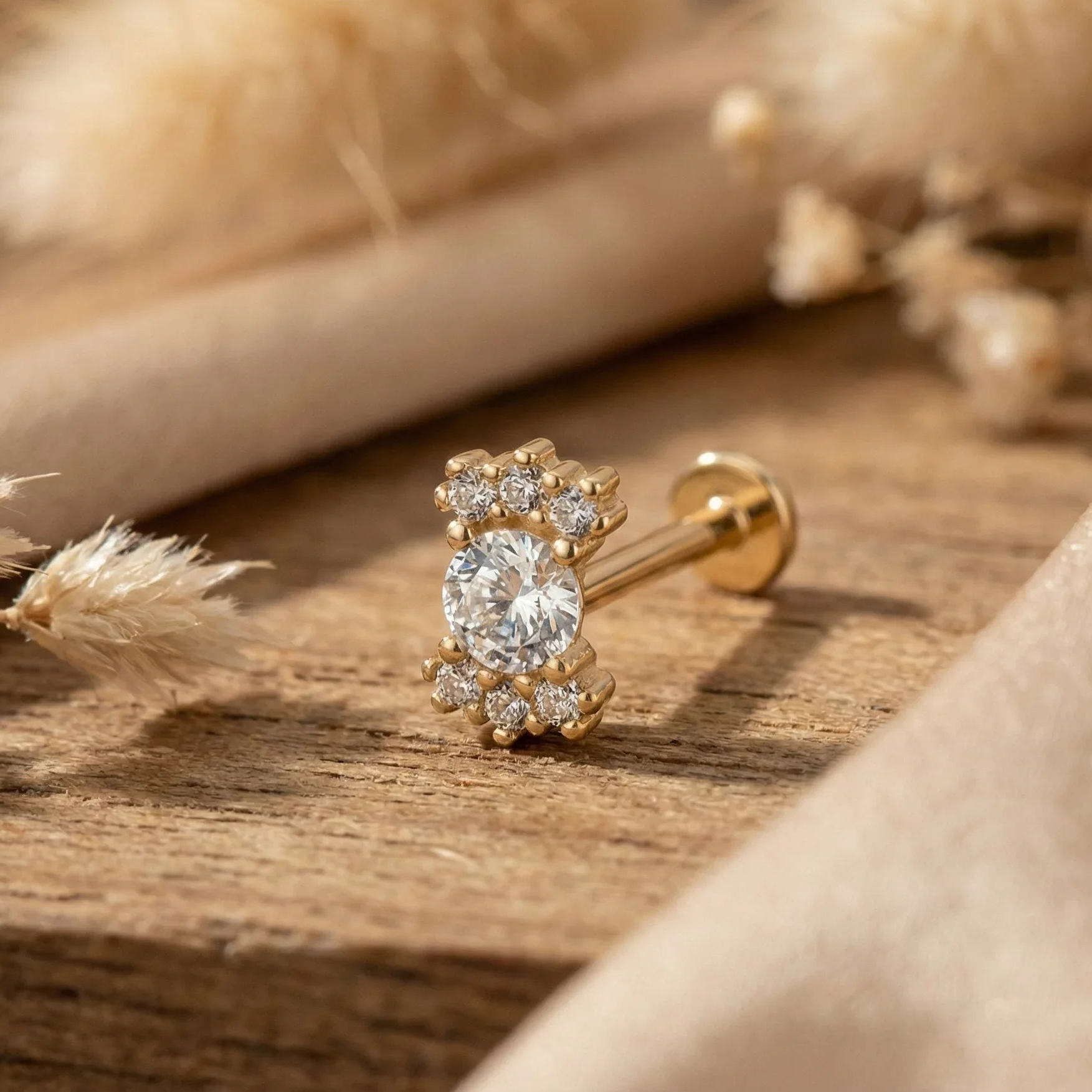 Gold earring with a diamond on a wooden surface with dried plants