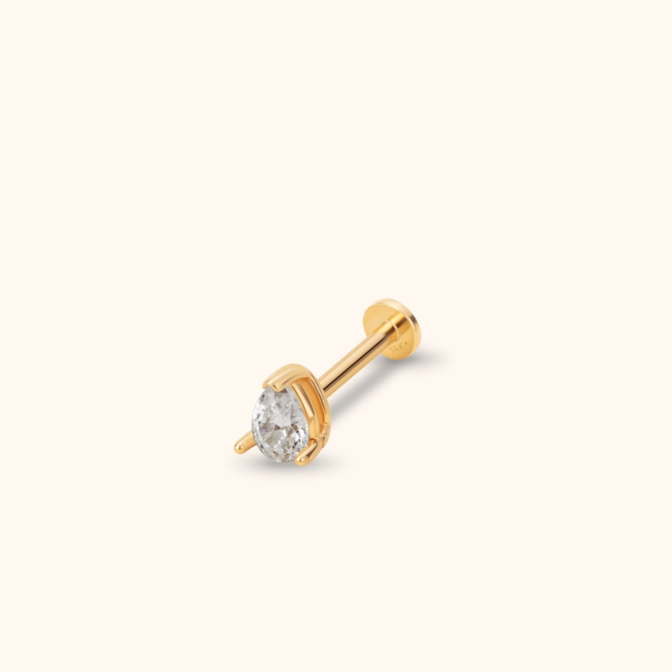 14K solid gold pear-cut solitaire tragus stud earring with flat-back design for cartilage piercings