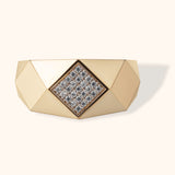 Bold faceted 14K gold ring with geometric diamond grid centerpiece