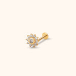 14K solid gold sunflower-shaped tragus stud earring with flat-back design for cartilage piercings.