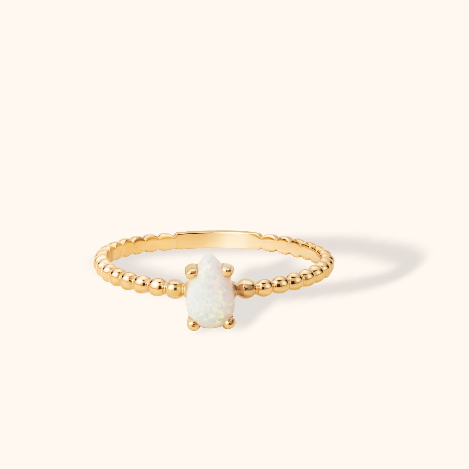 14K gold ring with pear-shaped opal and beaded band, dainty and elegant gemstone jewelry