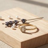 14K Gold Baguette Halo Ring – Dainty Rope Band Engagement Band